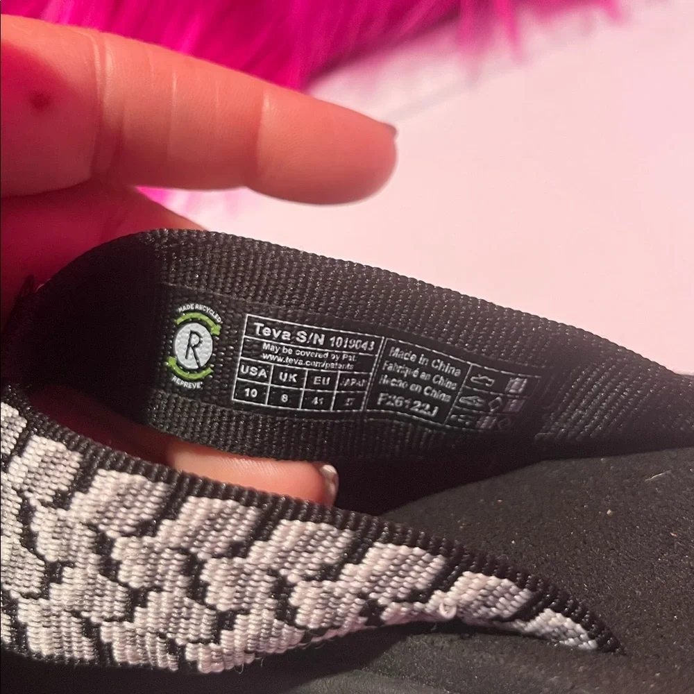 Teva Black Flip Flops with White Patterned Straps